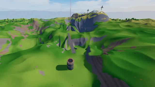 Overpass: a flag tower on green slopes, the other base across the valley